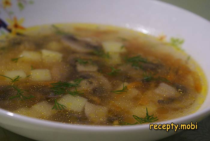 Грибной суп из свежих шампиньонов с картофелем, морковью и луком
